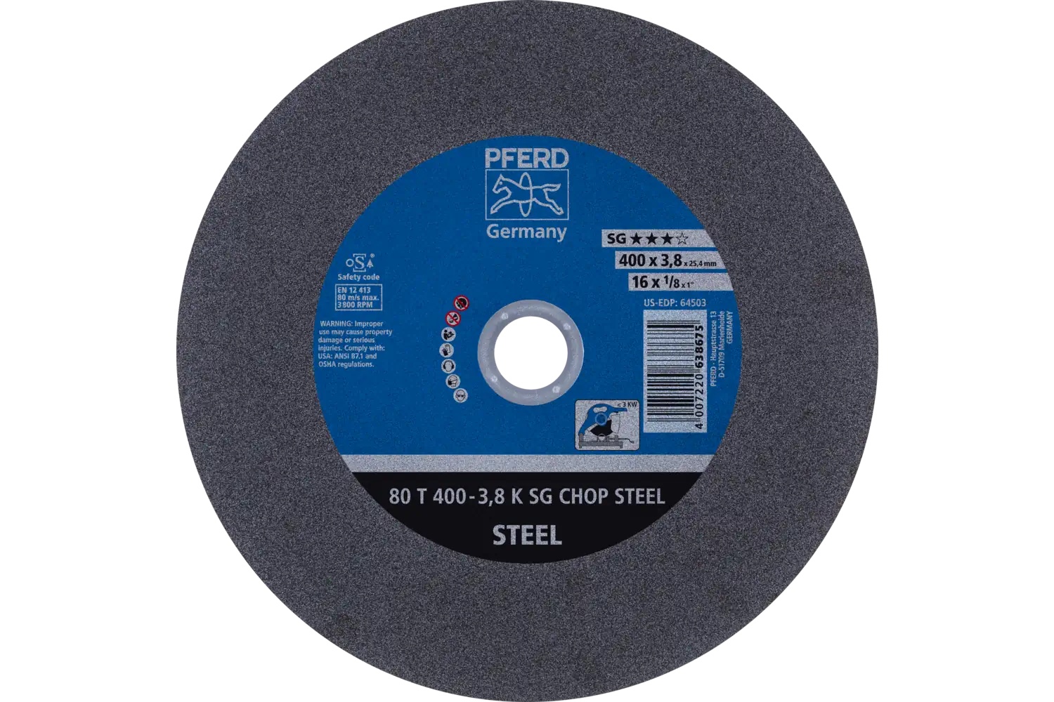 Picture of Pferd Large Diameter Cut-Off Wheel 16" X 1/8 X 1, Sg Chop Steel, K, Aluminum Oxide